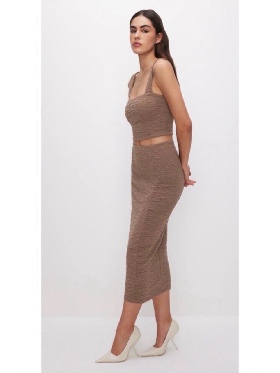 Good American Taupe Ribbed Midi Skirt